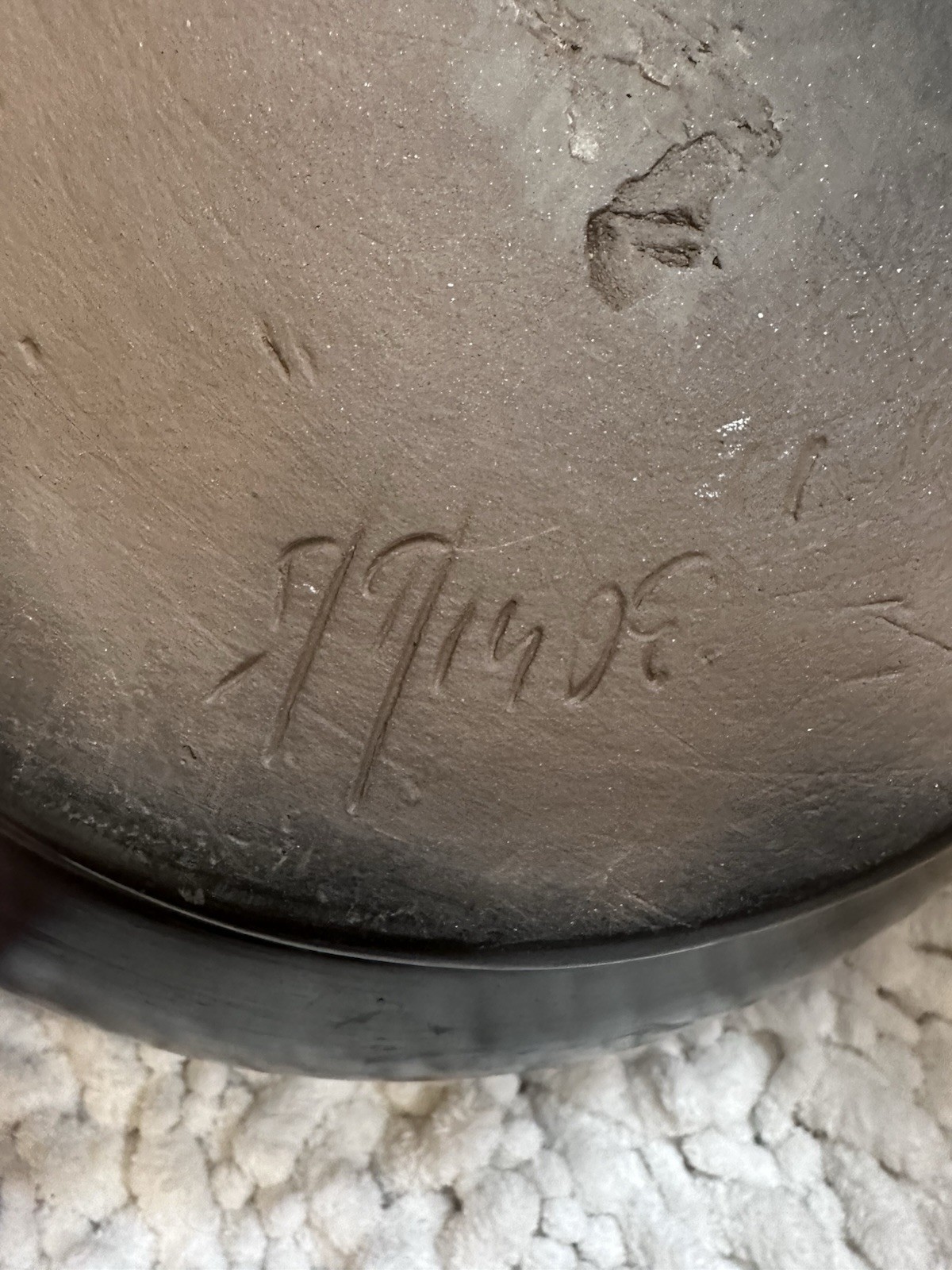 Vintage Romanian Marginea Black Pottery Bowl Hand Carved Floral Folk Art Signed