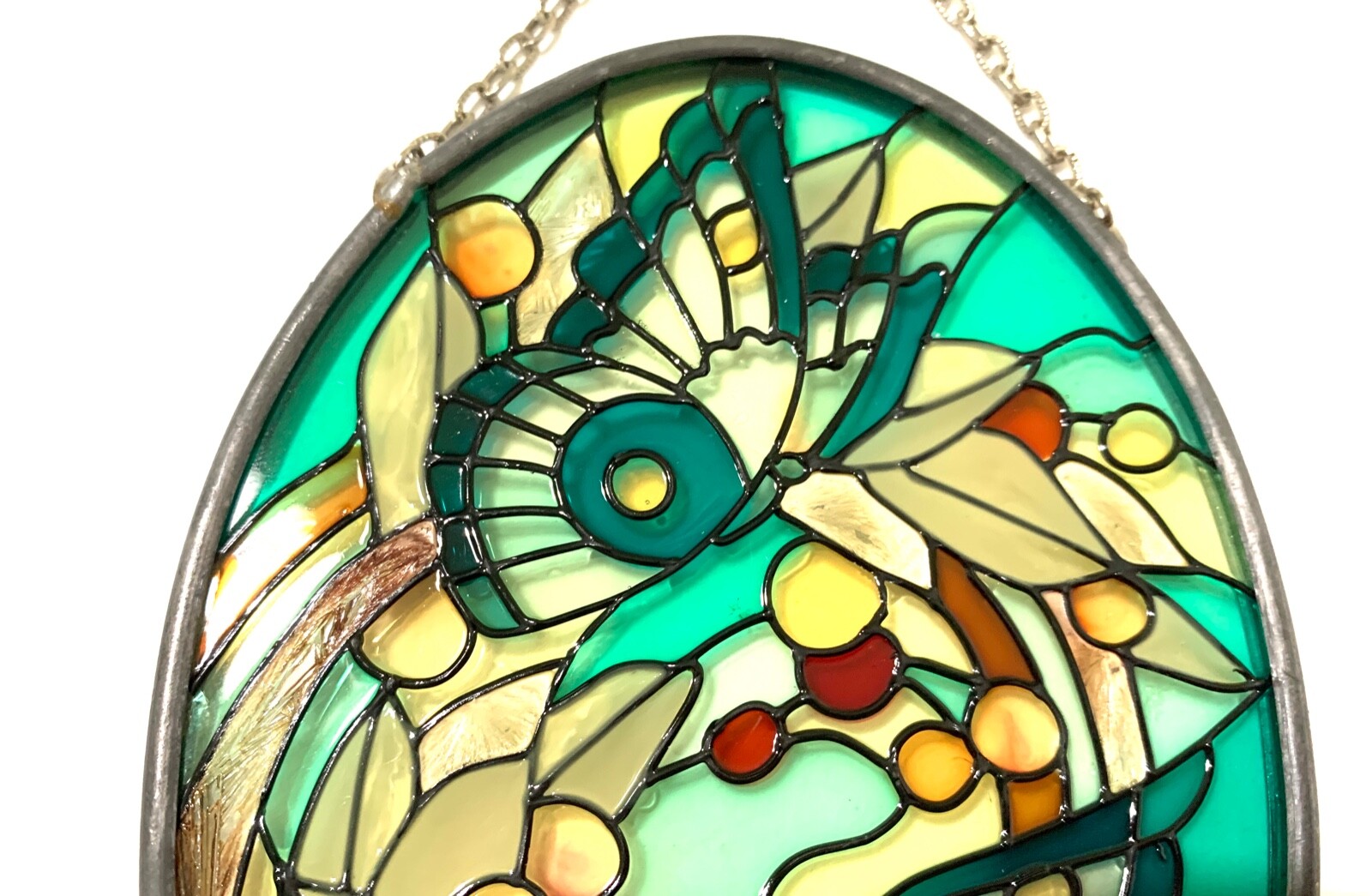 Suncatcher Window Art Butterflies Green Beige Brown Oval 4.5 Inch x 3.25 Inch