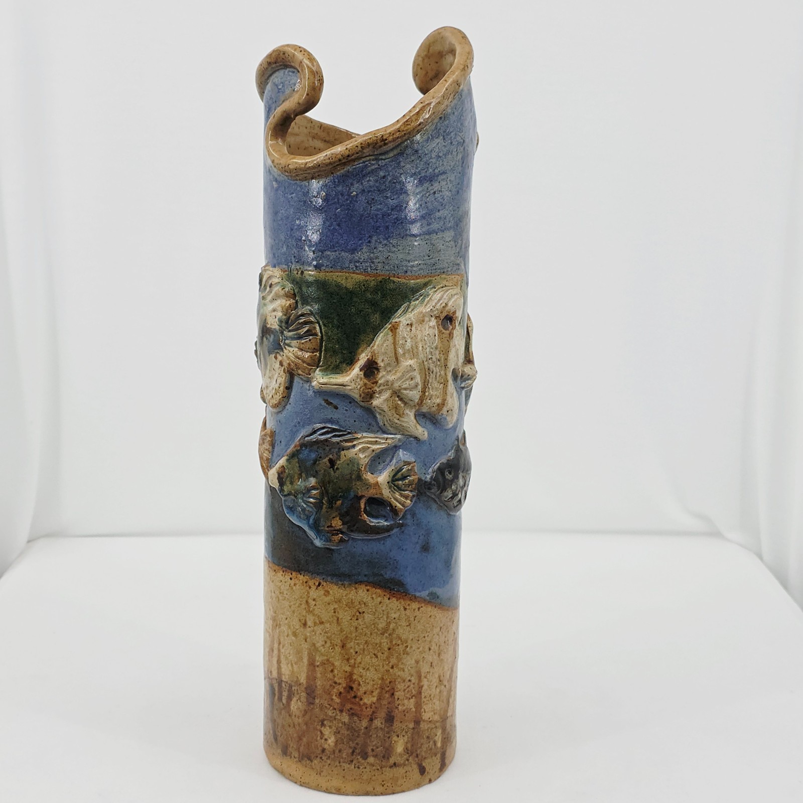 Studio Pottery Fish Vase Sculpted Ocean Scene Hand-Glazed 15.75in Artisan Made