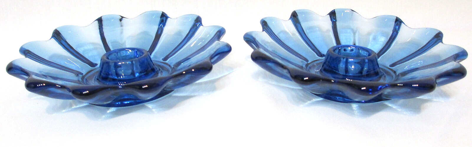 Vintage Federal Glass Candle Holders PAIR Celestial Ribbed Blue 5 3/8″ D