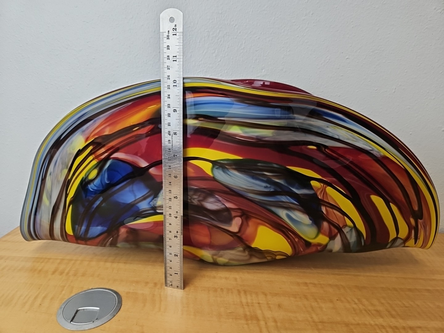 Centerpiece Hand Blown LARGE Art Glass Bowl Vase Heavy Red, multicolor, 23 1/8″