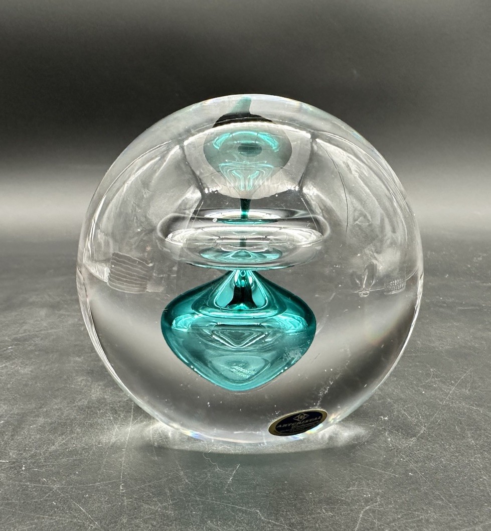Artcristal Bohemia Round Sphere Teal Clear Paperweight Figurine Art Glass