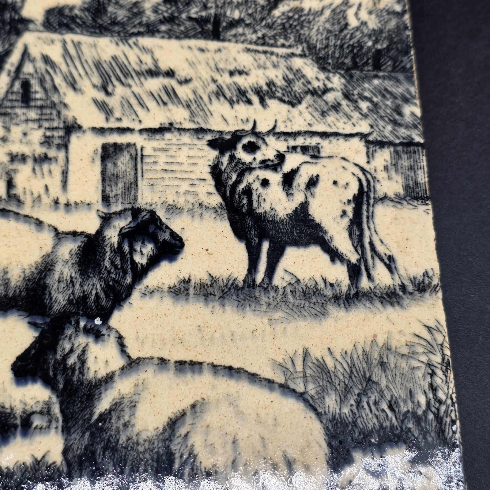 Antique Victorian Tile Farm Scene Sheep Cow Barn Brown & Cream 6″