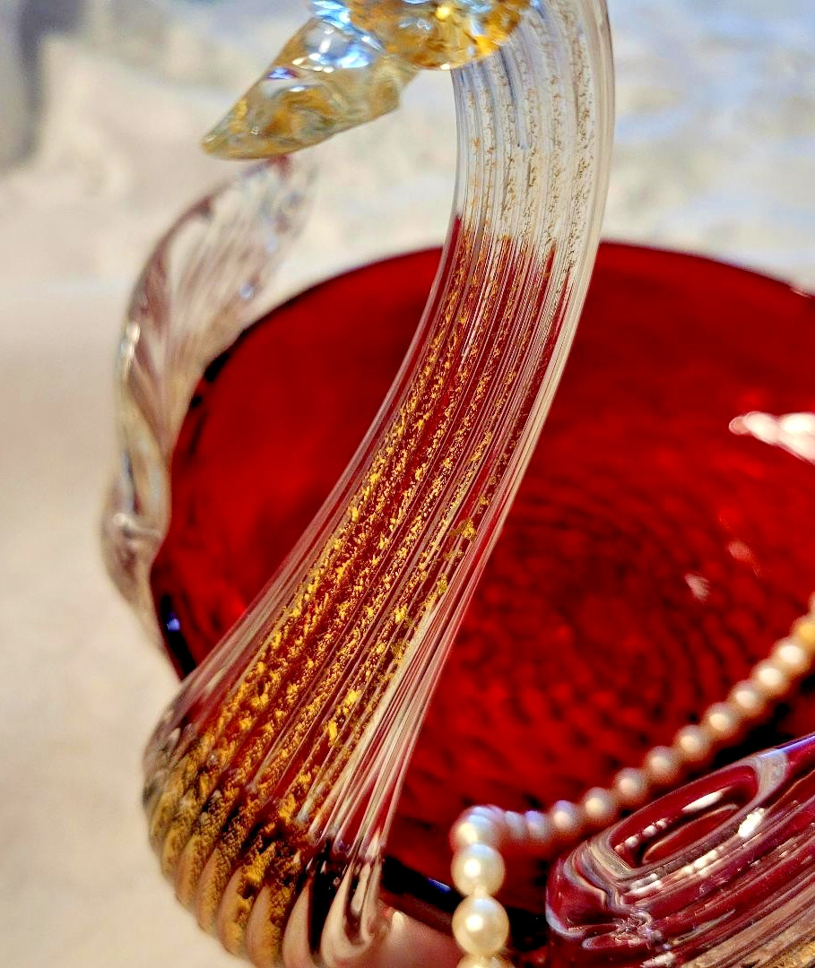 SALE Vtg Gorgeous MCM Murano Hand Blown Glass Swan Red, Clear and Gold. Italy