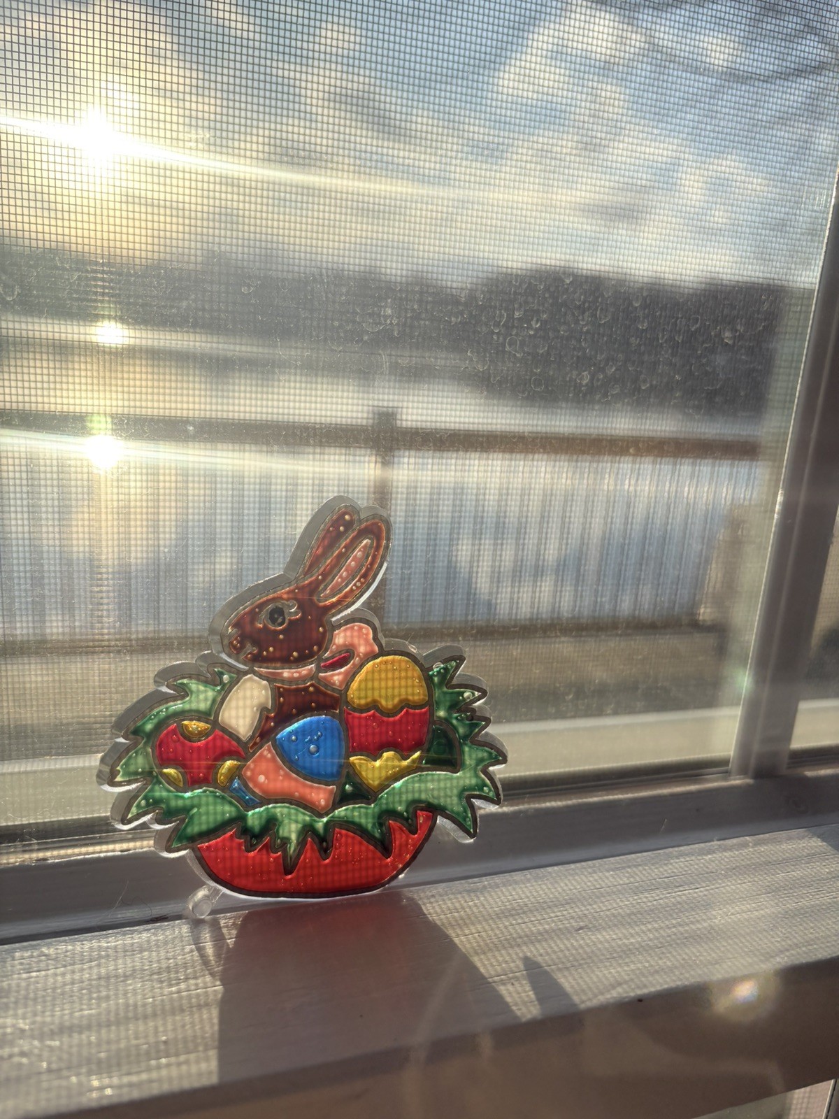 3 Vintage Handmade Easter Bunny Basket Egg Spring Floral Sun Catcher Cheerful