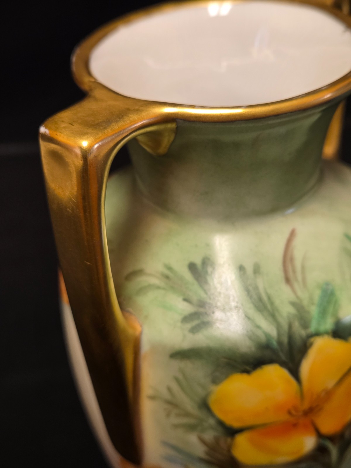 ANTIQUE MZ AUSTRIA, SAMISH’S SAN FRANCISCO, HAND PAINTED PORCELAIN HANDLED VASE