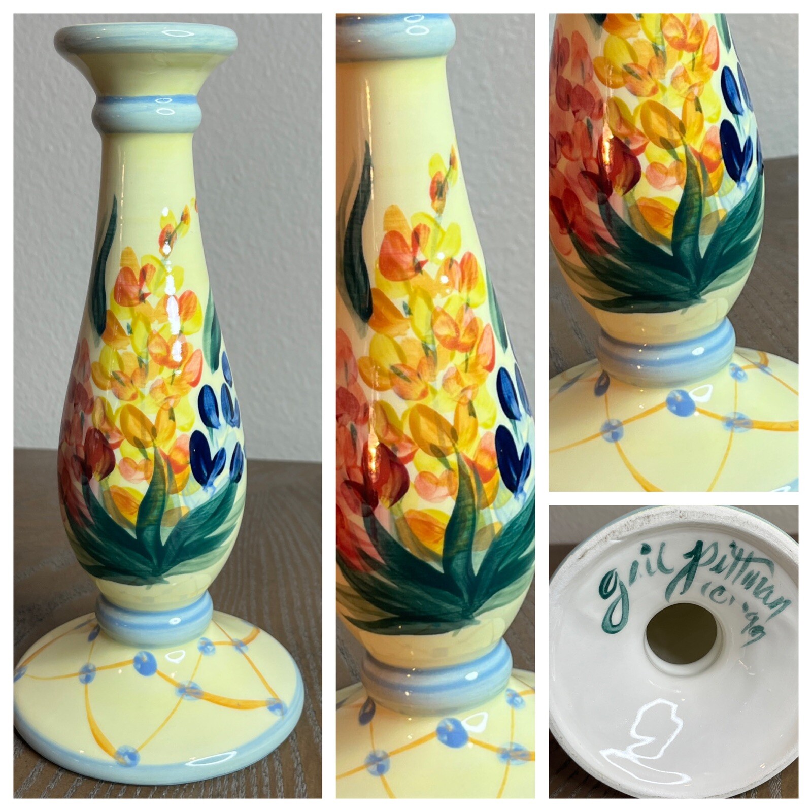 Vintage 1999 Gail Pittman 9” Hand Painted Ceramic Candlestick Holder