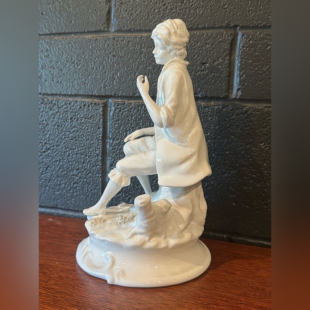 Vintage White Porcelain Figurine Seated Boy Statue – Made in Italy
