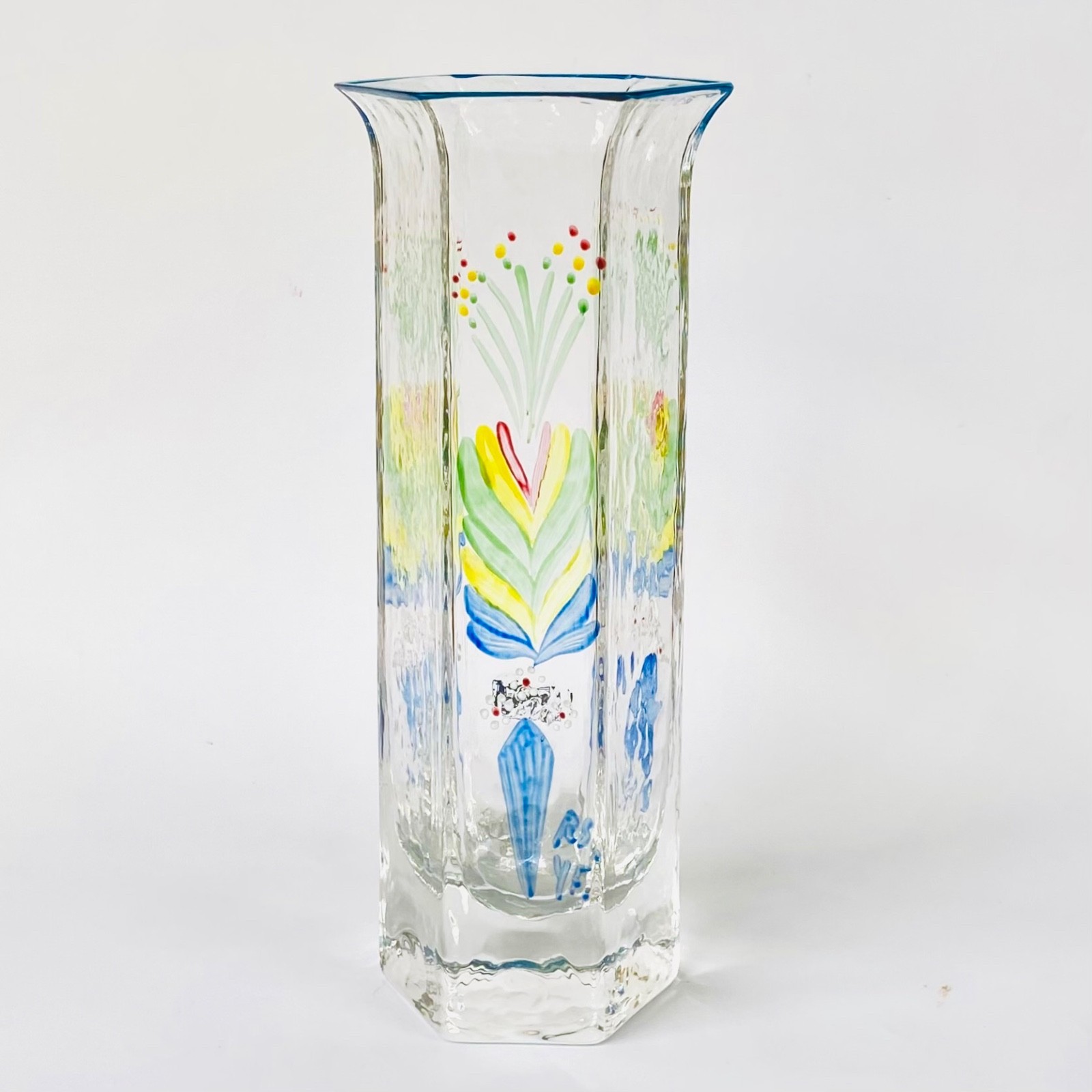 SEA Glasbruk Old Sweden Rune Strand 8” Hexagonal Glass Vase Painted Kurbits *VTG