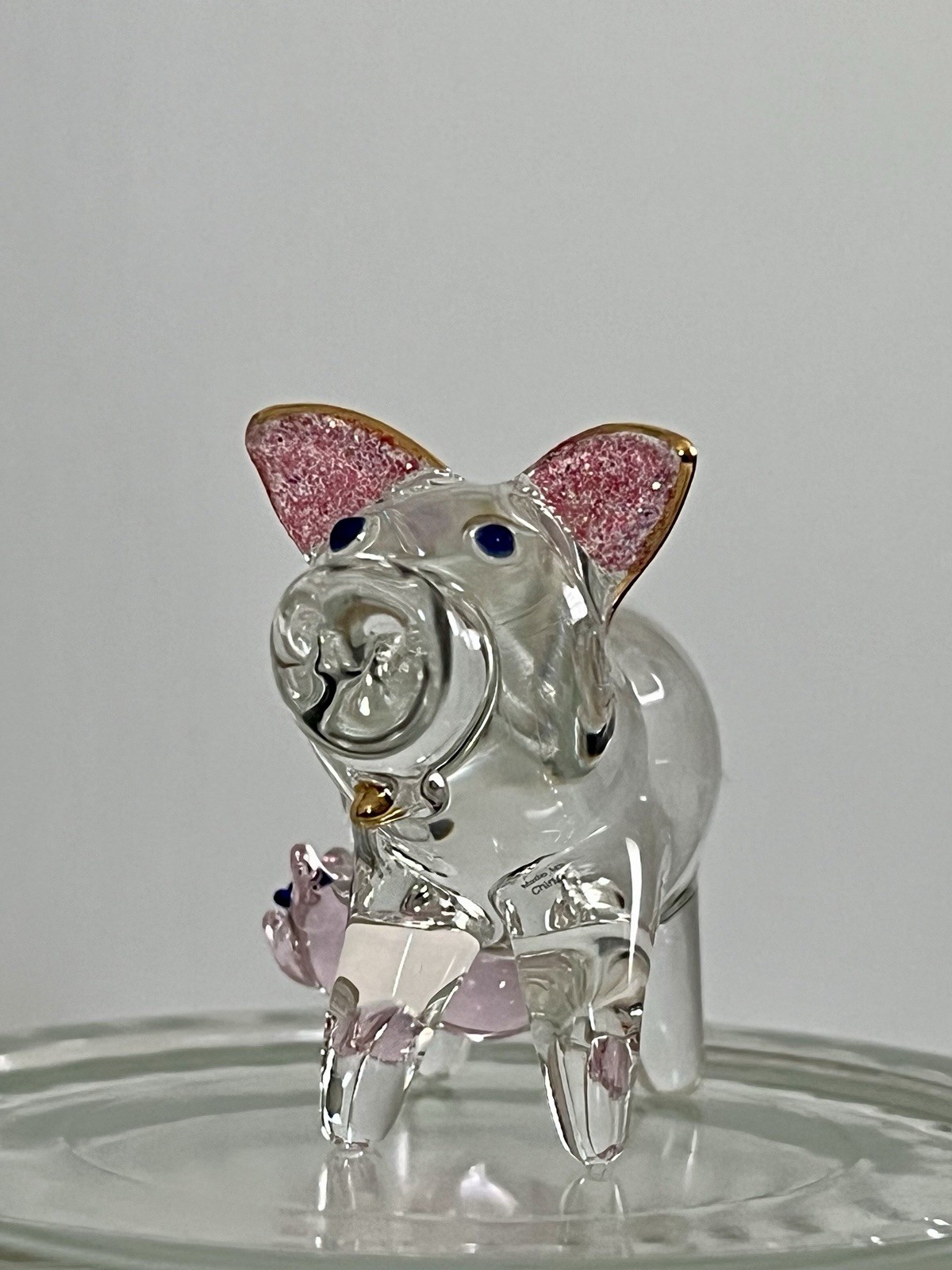 Vintage Solid Hand Blown Clear Glass Mother Pig & Pink Piglet Figurine 2”