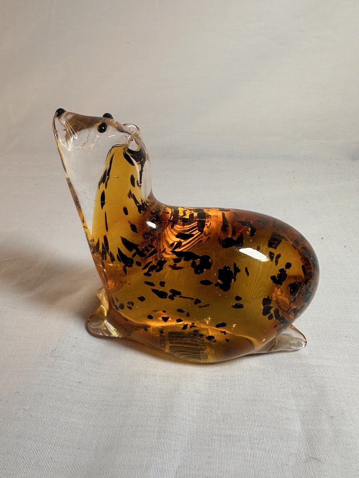 Vintage Seal Paperweight Glass Amber with Brown Inlay Design Murano Style