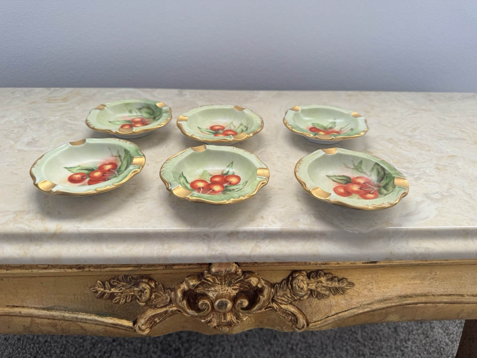 Vintage RS Germany Porcelain Ashtray Set (6) Hand Painted Cherries Gold Trim