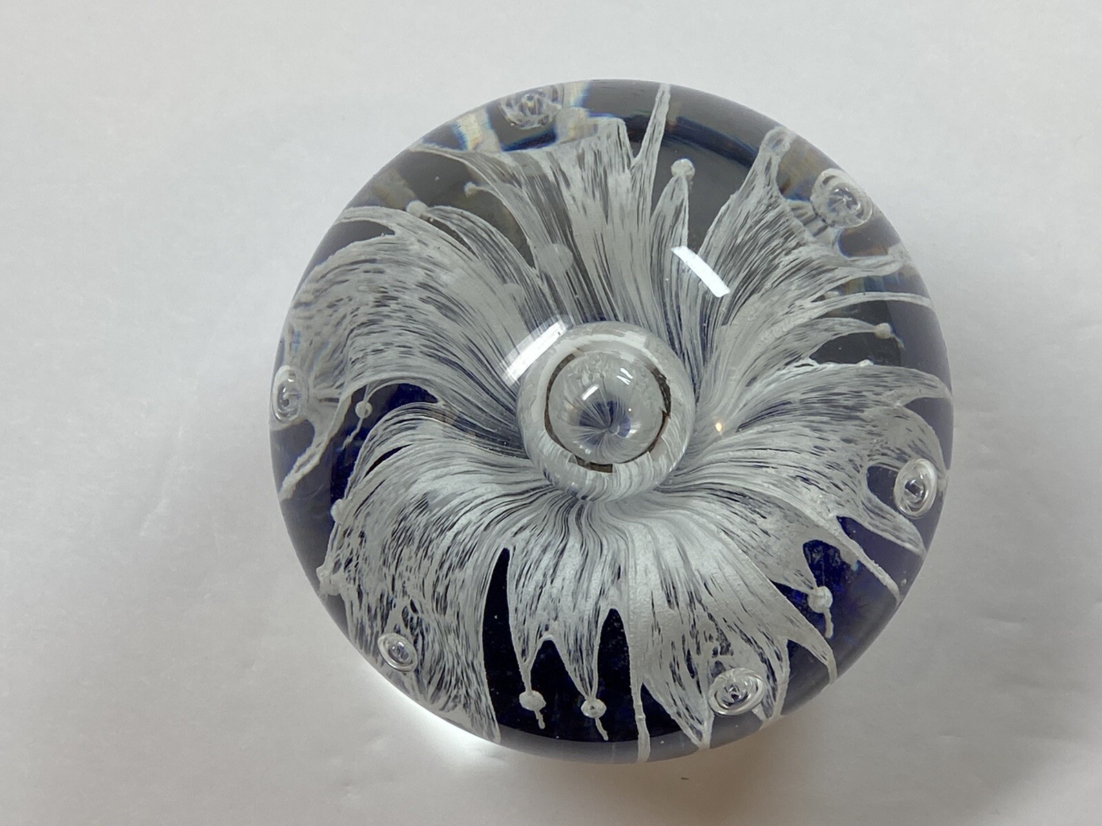 Cobalt Blue White Flower Clear Glass Paperweight Bullicante 3 1/2″ Diameter