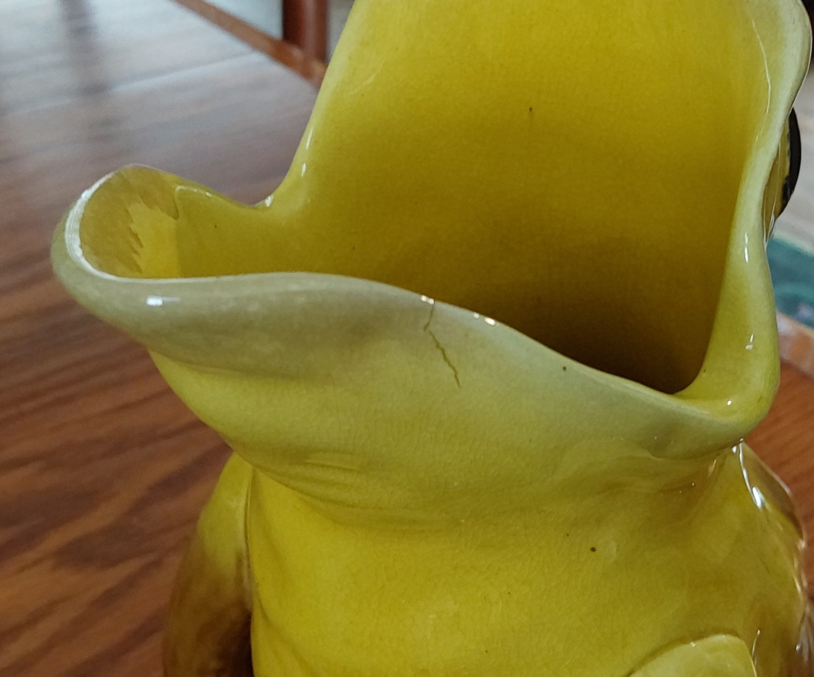 Unique Yellow Croaking Frog on Brown Lilly Pad Vintage Pottery Vase