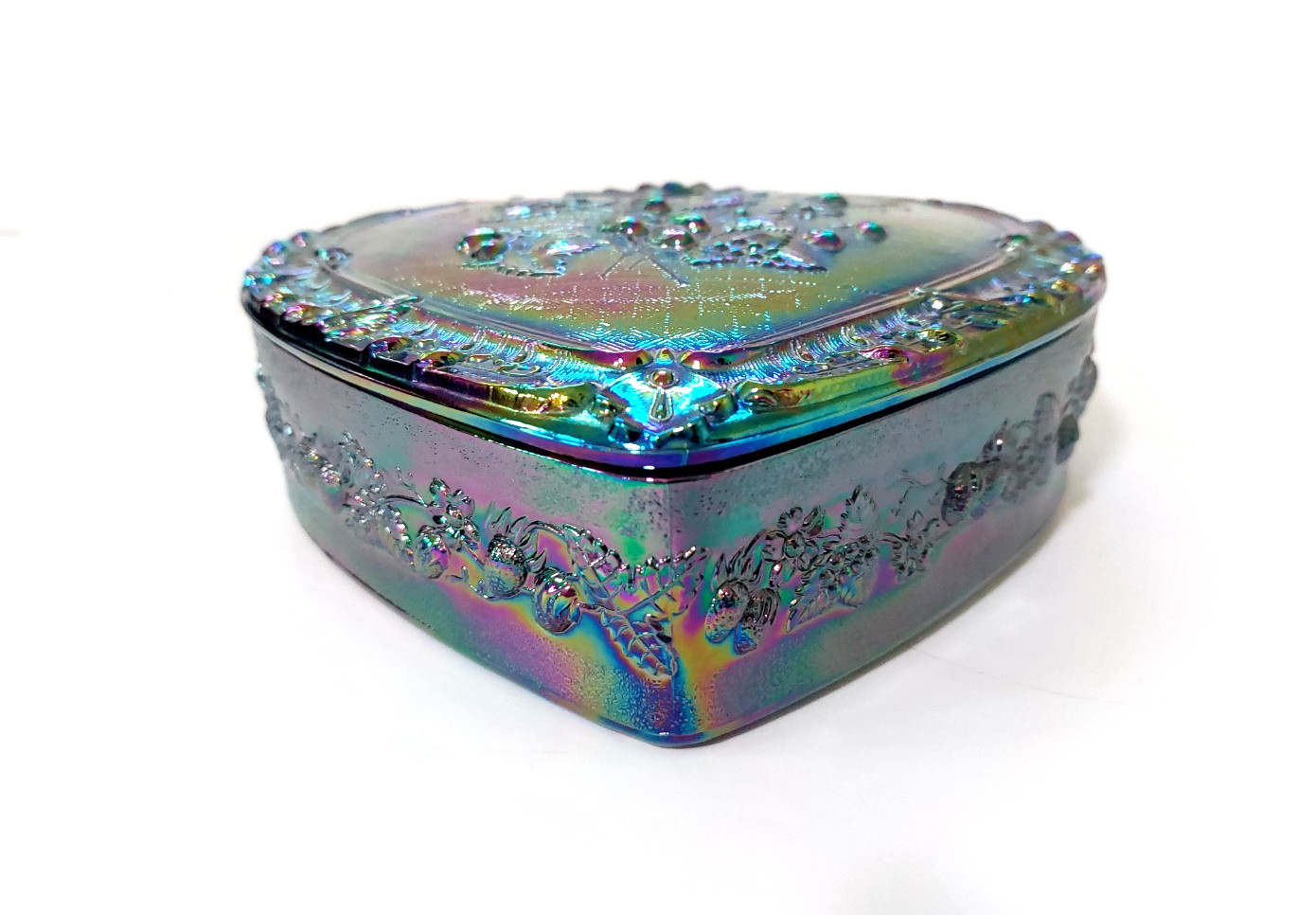 Fenton VTG Heart Shaped Candy Box Dish Strawberries Amethyst Carnival Iridescent