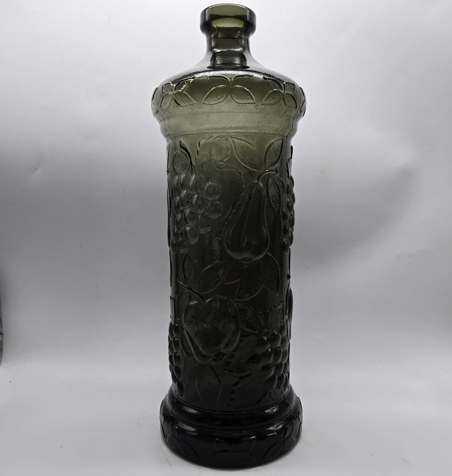 Rossini Empoli Glass Bottle 15″ Apples Fruit Decanter Smoke Gray Charcoal Vtg