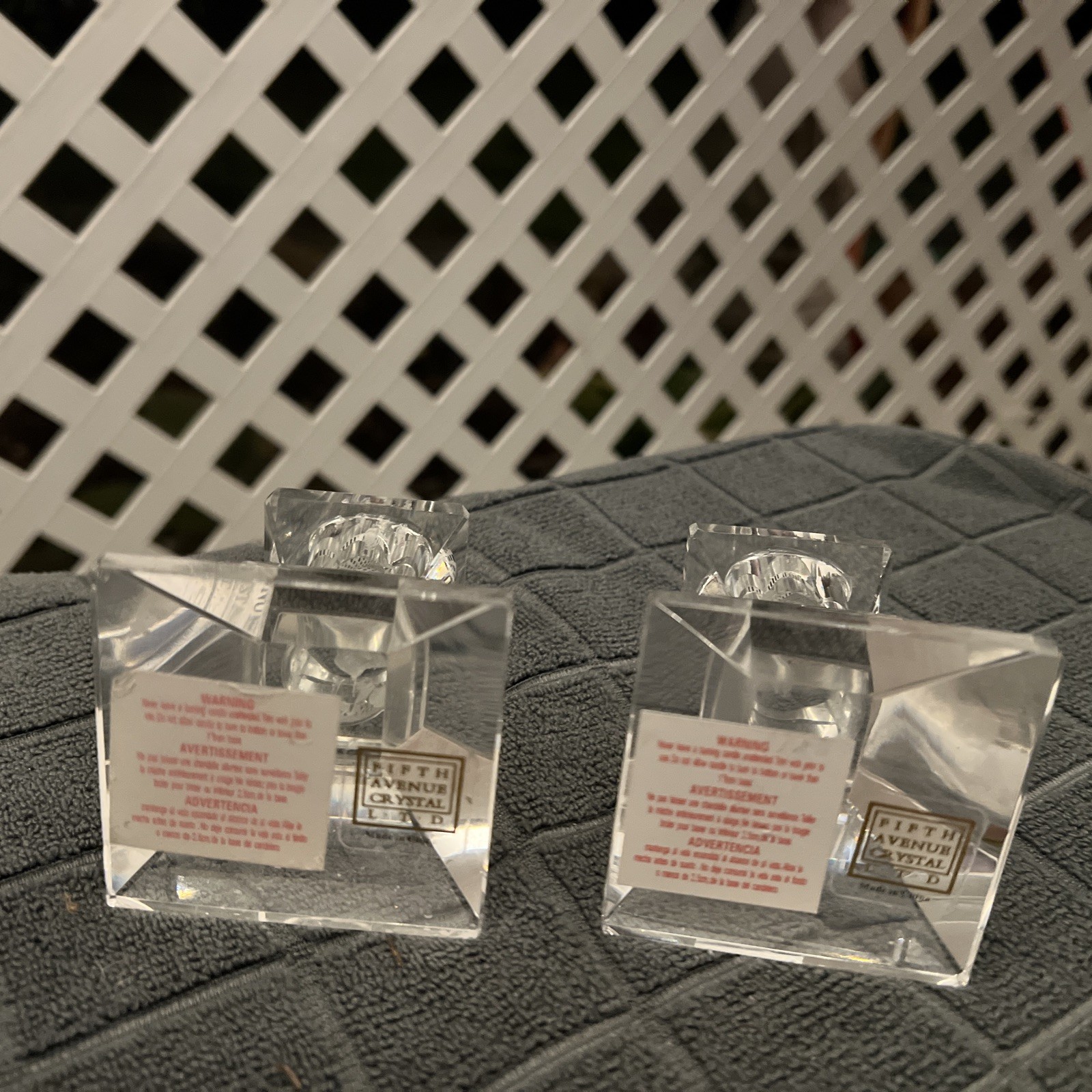 (2) Saks Fifth Avenue Heavy Cubist Geometric CRYSTAL CANDLE HOLDERS 3”