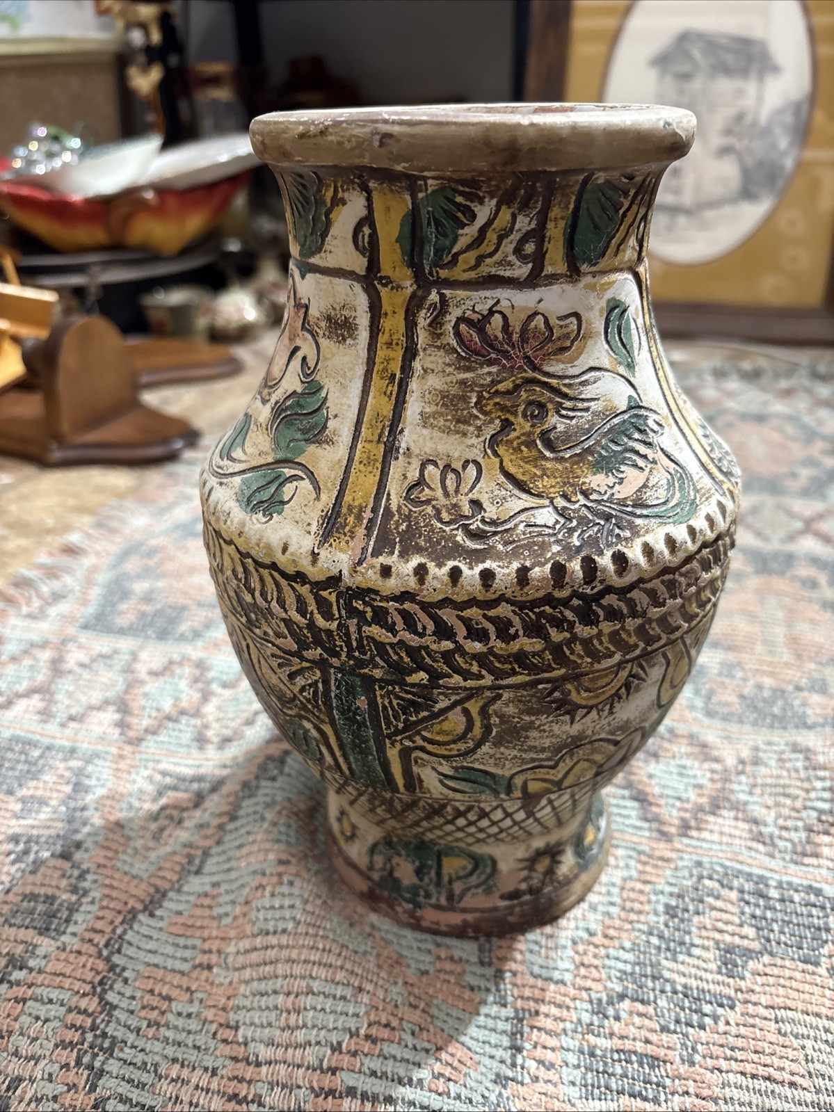 Bird and Floral Earthenware Design Vase Antique Japan Pottery Engraved Image
