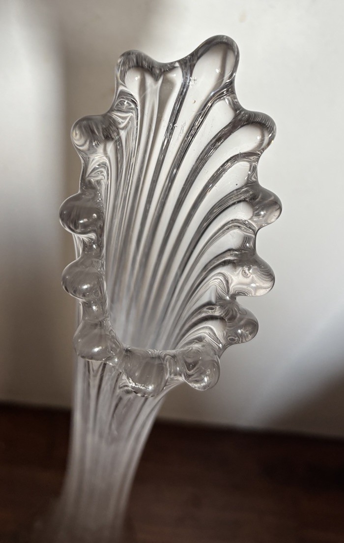 Vintage Swung Glass Vase Ribbed 22”Clear 12 Finger Stretched MCM Needs Cleaning