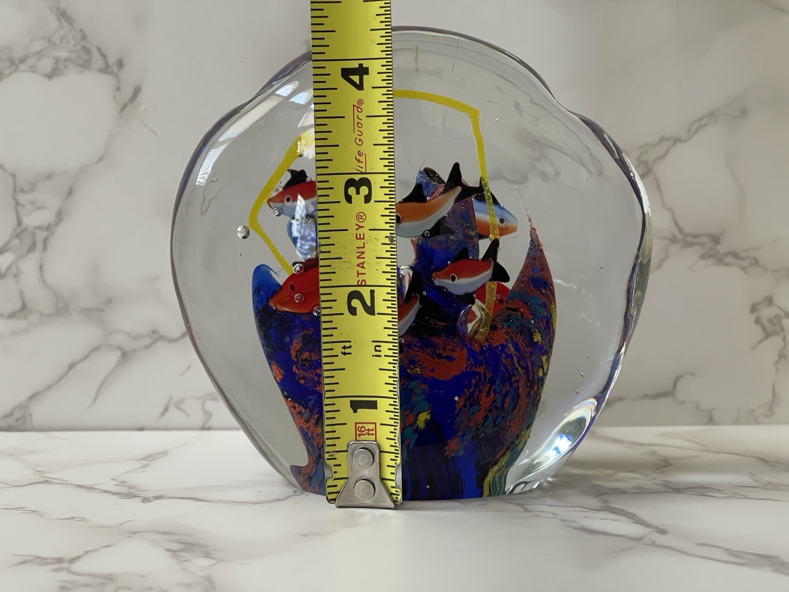 Large Art Glass Aquarium Paperweight Fish Coral Underwater Sea Life Multicolor