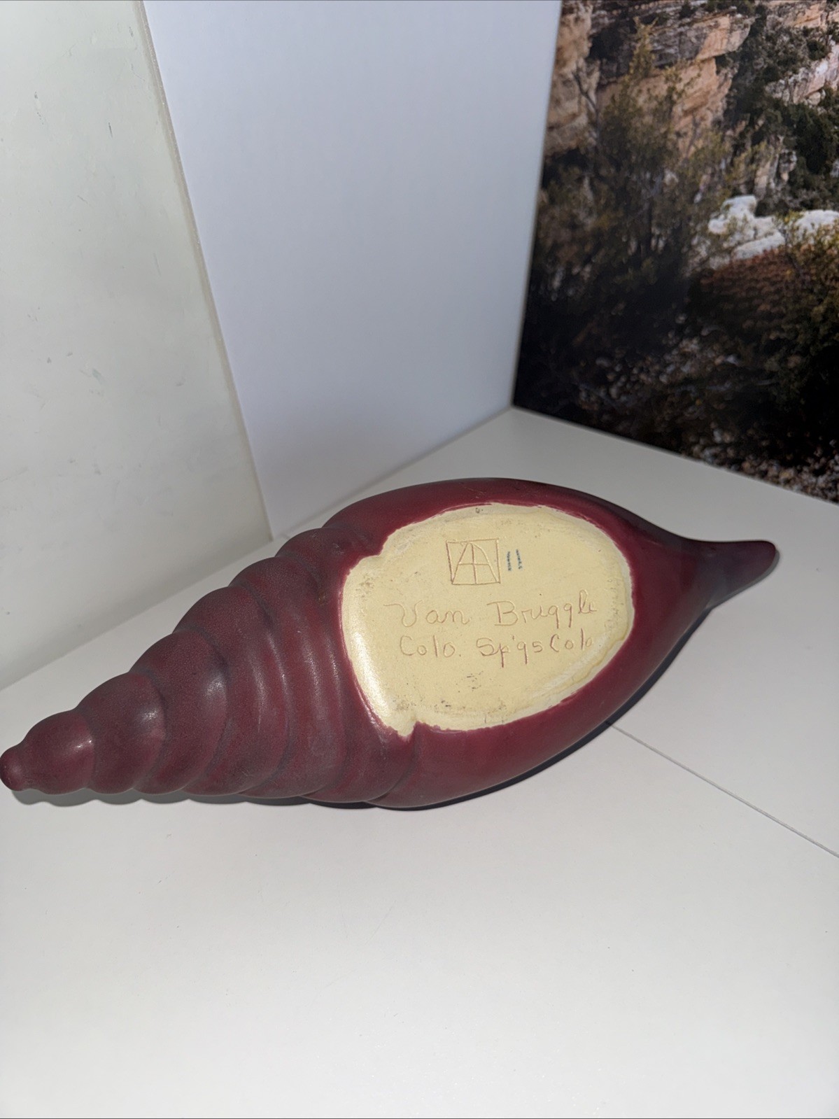 Van Briggle Pottery Conch Shell Bowl Mulberry Red Colorado Springs Signed 12 in