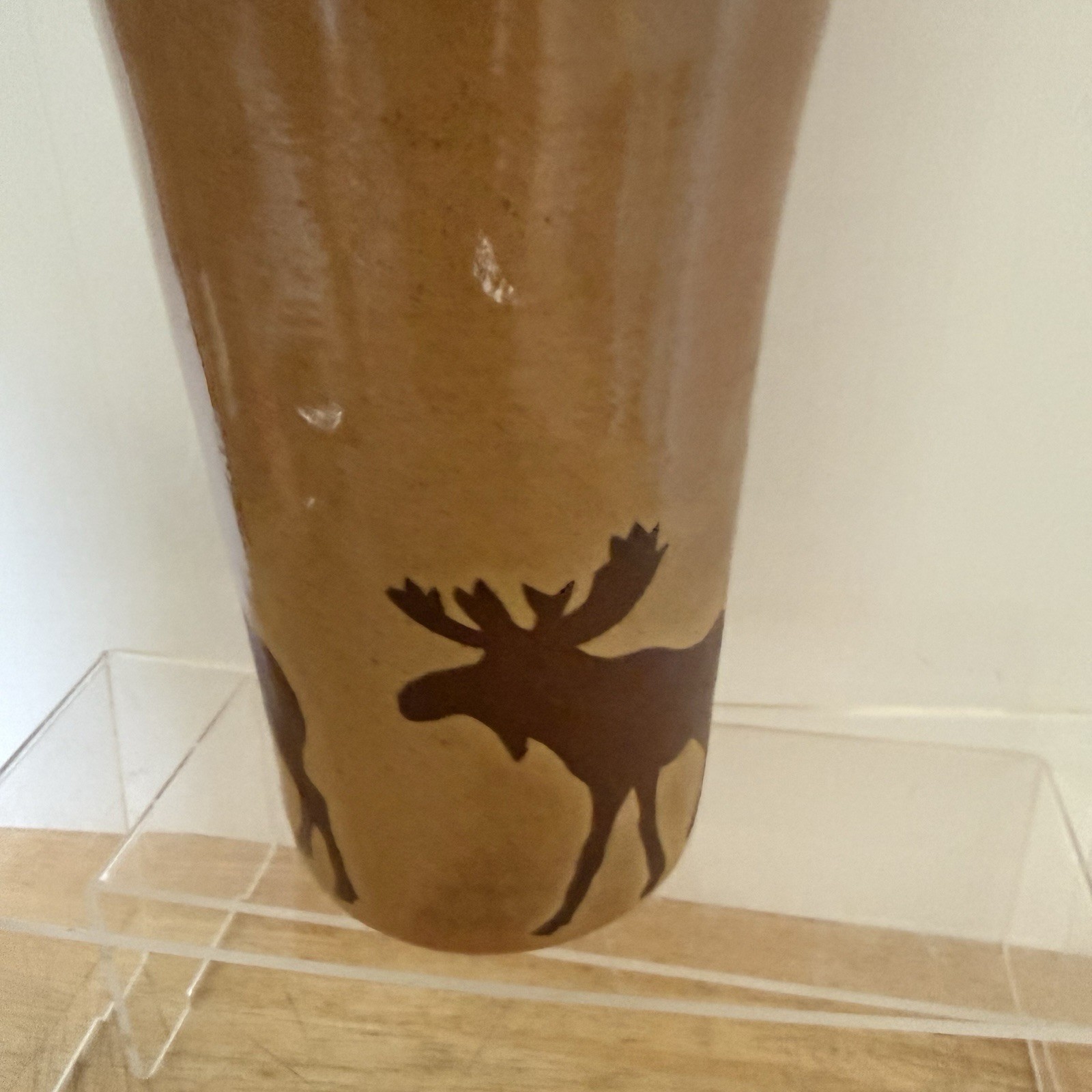 Monroe Salt Works Maine Moose Pottery Vase Cream Brown Signed 8 x 5 inches