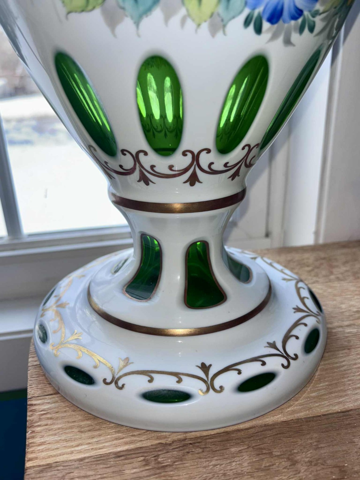 White & Green Glass Hand Painted Floral Vase Glossy Decorative Multicolor