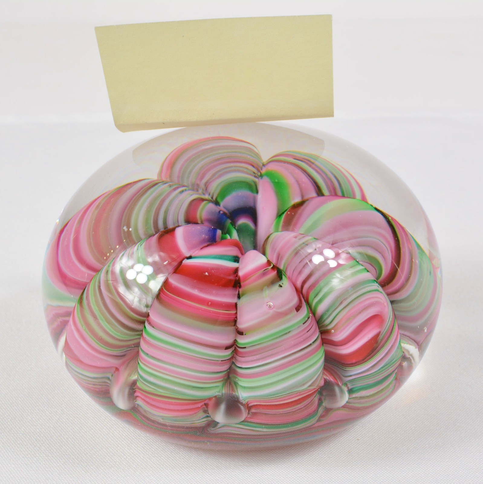 Vtg Joe St Clair Large Ribbon Crimp Glass Paperweight Pink Green Swirl Bubbles