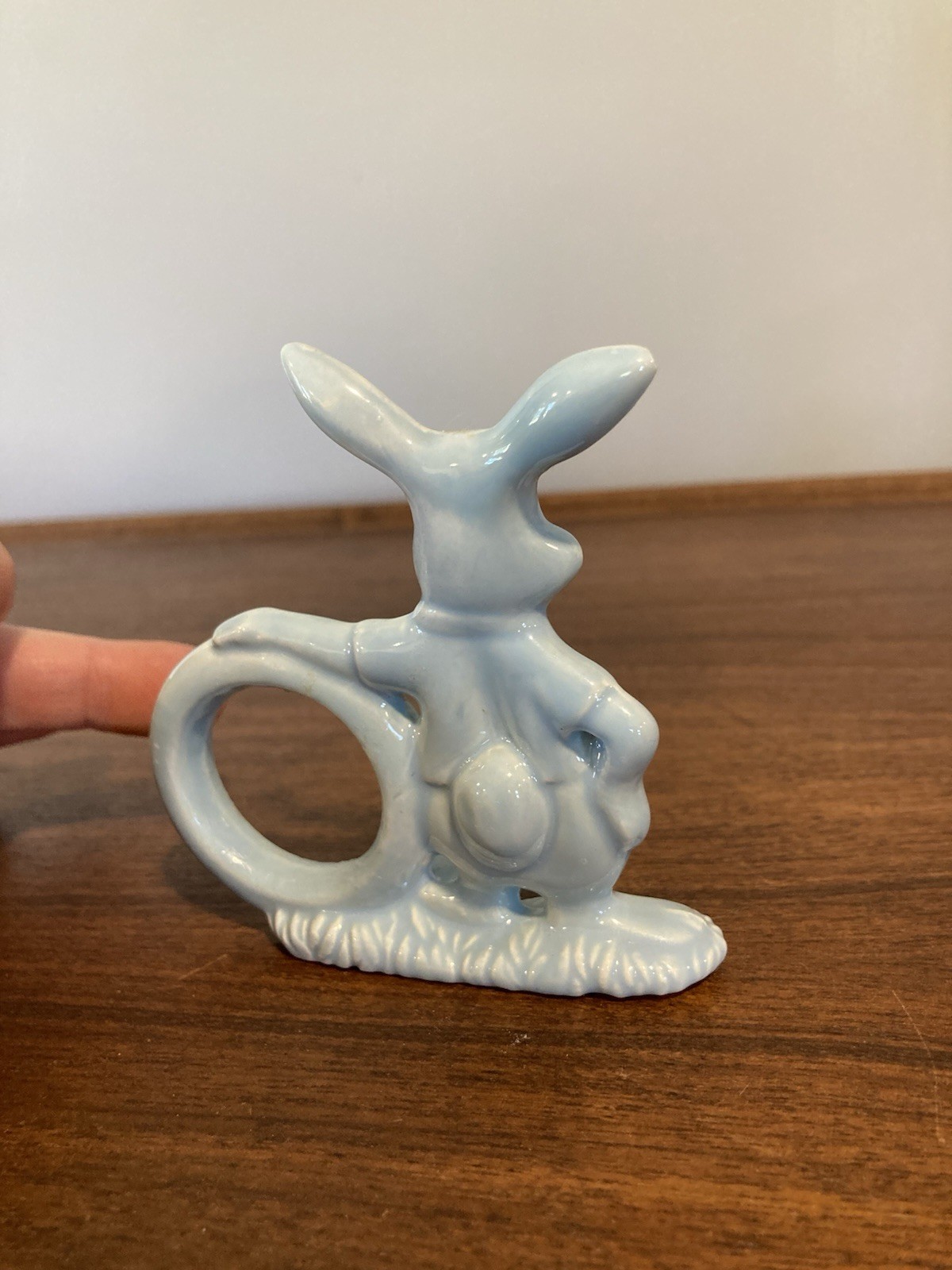 Vintage Art Pottery Rabbit Blue Bunny Ceramic Figurine Napkin Ring Spring Easter