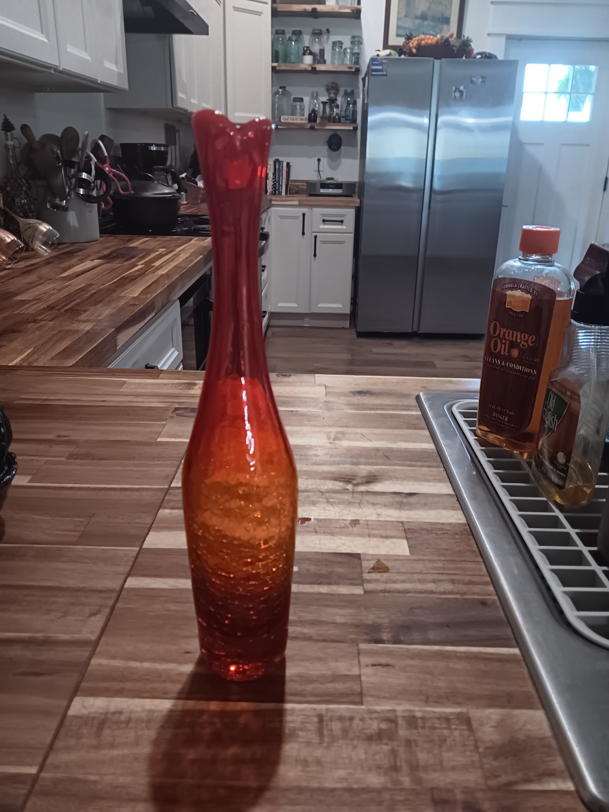 Blenko 11 1/2 Inch Crackle Glass Orange Amberina Vase
