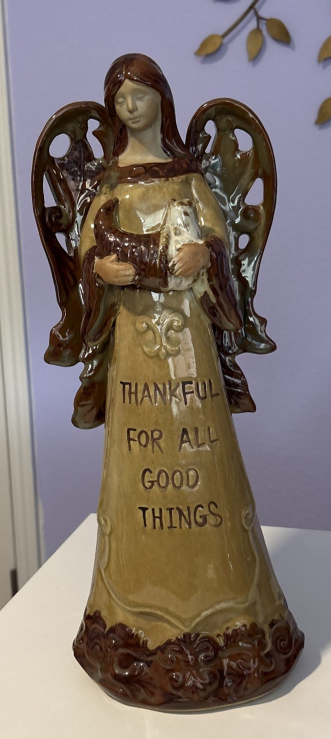 Glazed Art Pottery Angel Pierced Wing Figurine 15.75” Thanks Message Earth Tones
