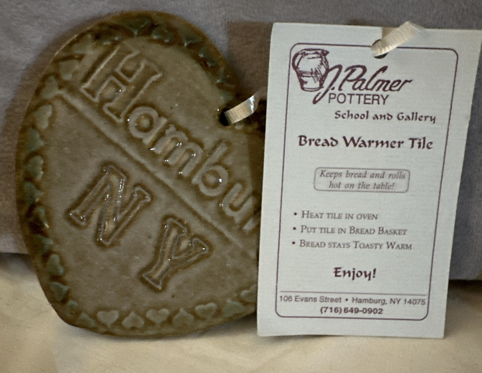 Hamburg New York Bread Warmer Tile 4in By J Palmer Pottery Heart Shaped