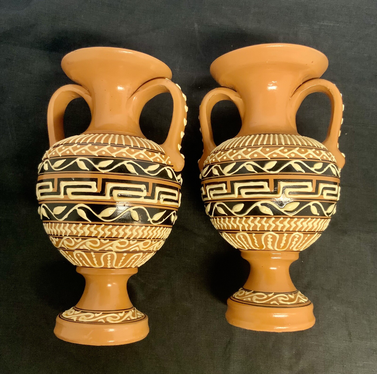 2 Greek Ewer Ceramic Vessel Vases Hand Made And Painted In Greece Mediterranean