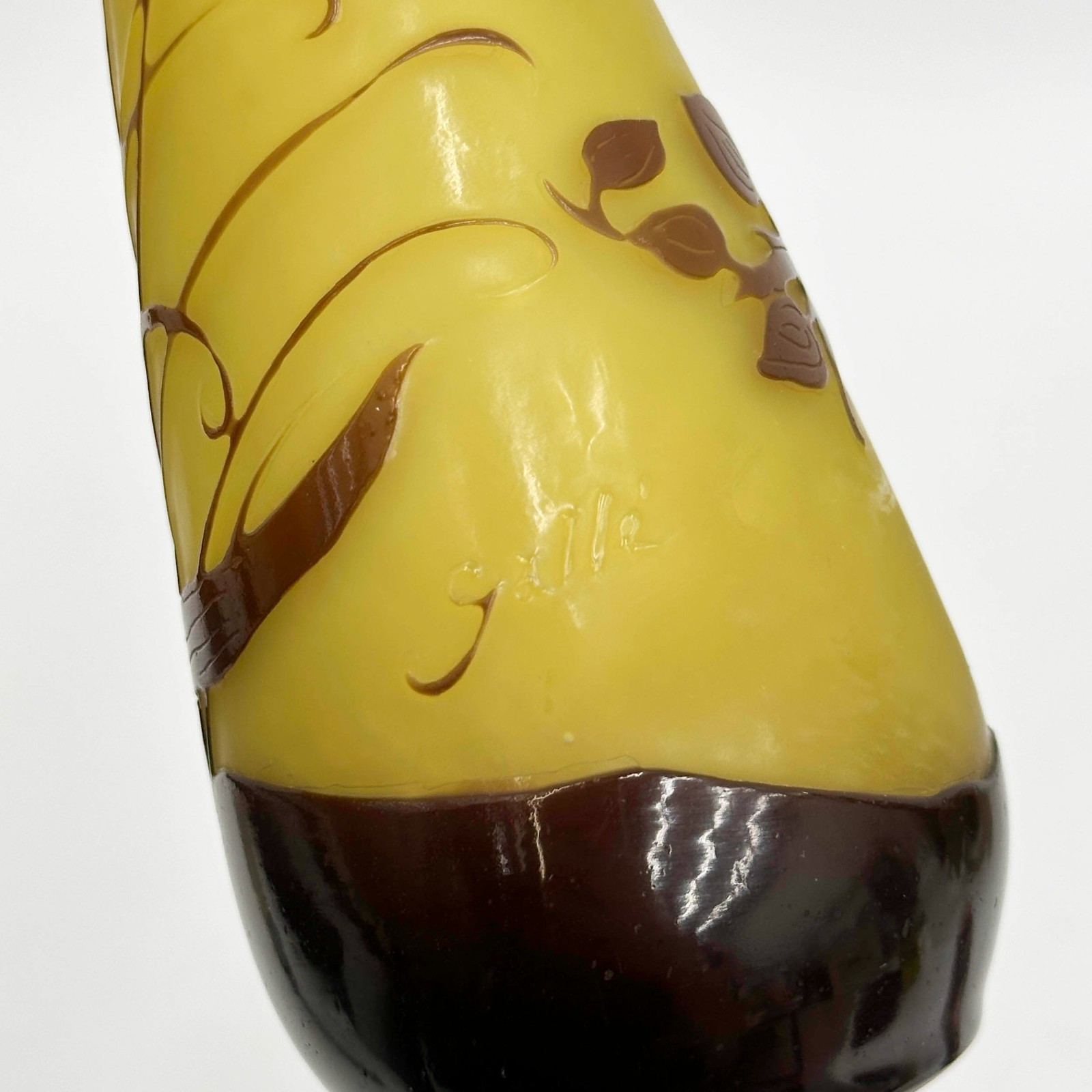 Emile Galle Acid Etched Cameo Art Glass 5.8in Vase Yellow Brown Orchids c1900