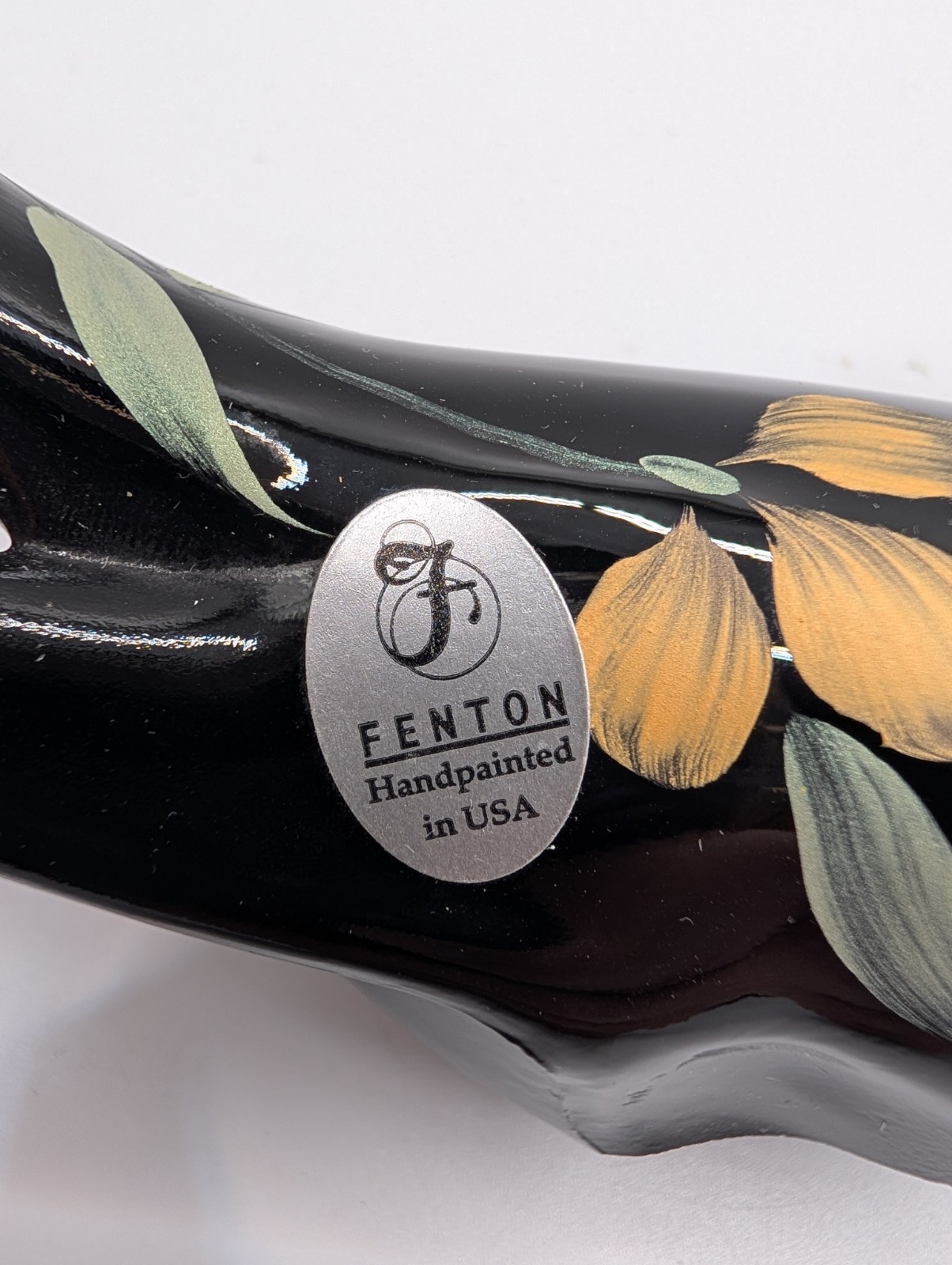 Vintage Fenton Glass Black Bird Hand Painted Floral Designs