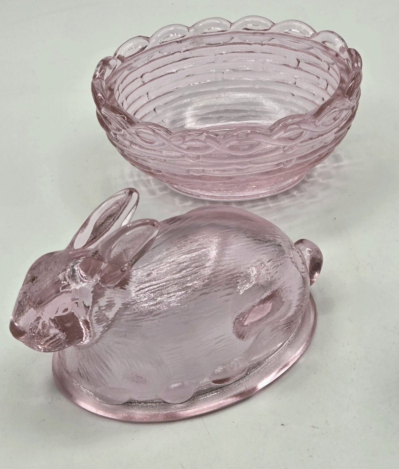 Collectible Mosser Pink Glass Rabbit on Basket Figurine/Easter Bunny 4″
