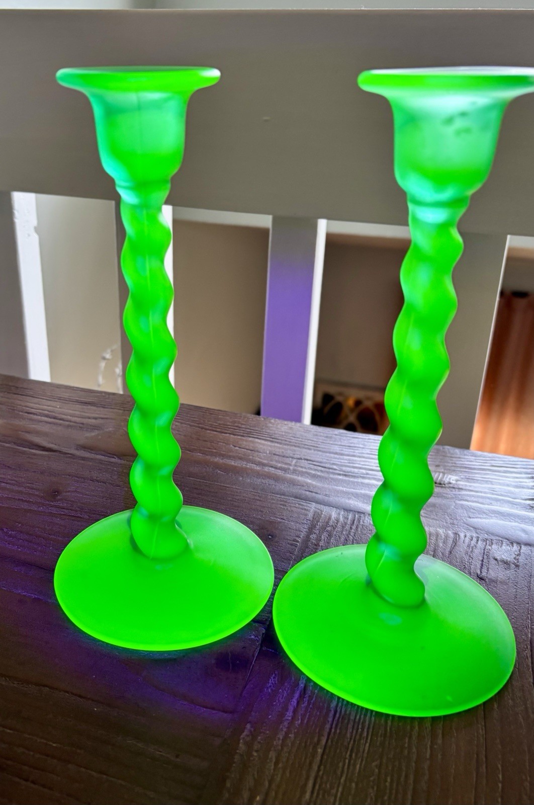 8 1/2” Tiffin Vintage Satin Green Uranium Glass Candlesticks,Beautiful,Glows!!