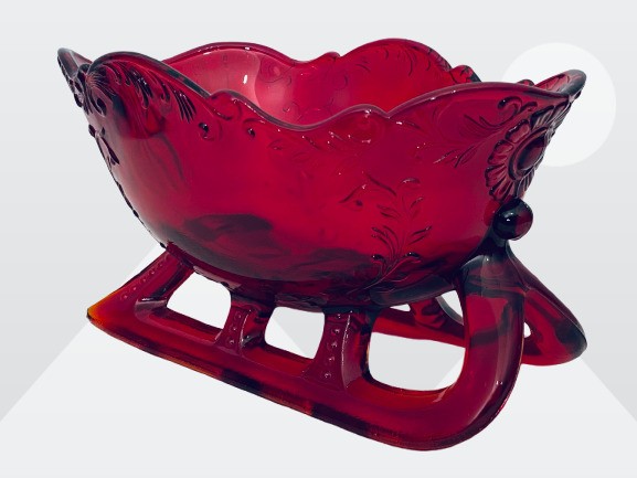 Vintage Mosser Large Ruby Red 9″ Santa Sleigh Bowl Candy Dish Center Piece