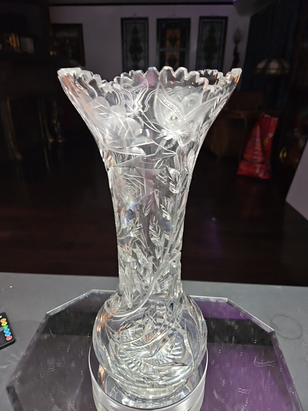 Huge 16-1/4″ VASE, American Brilliant Period Cut Glass Crystal Butterfly & Rose