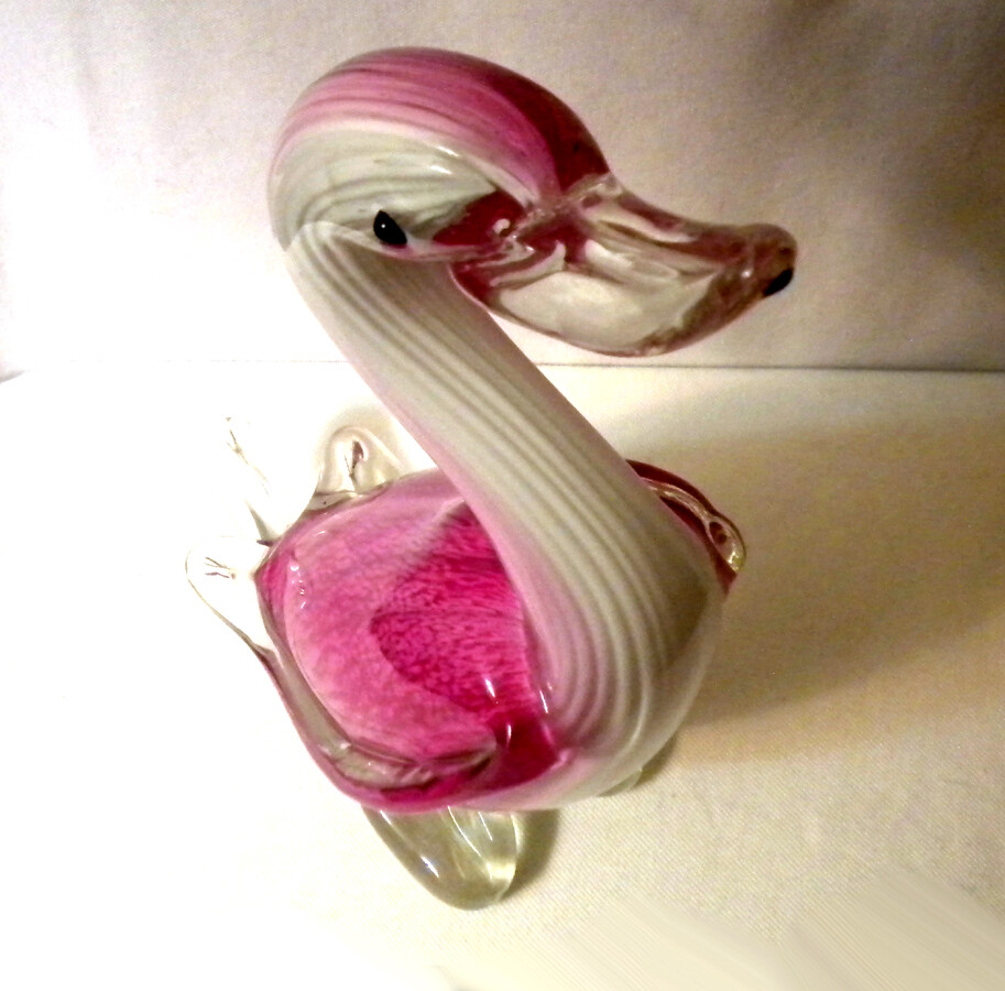 Vintage Pink Textured, clear & white Art Glass Duck Sculpture/Figurine 12 ½”