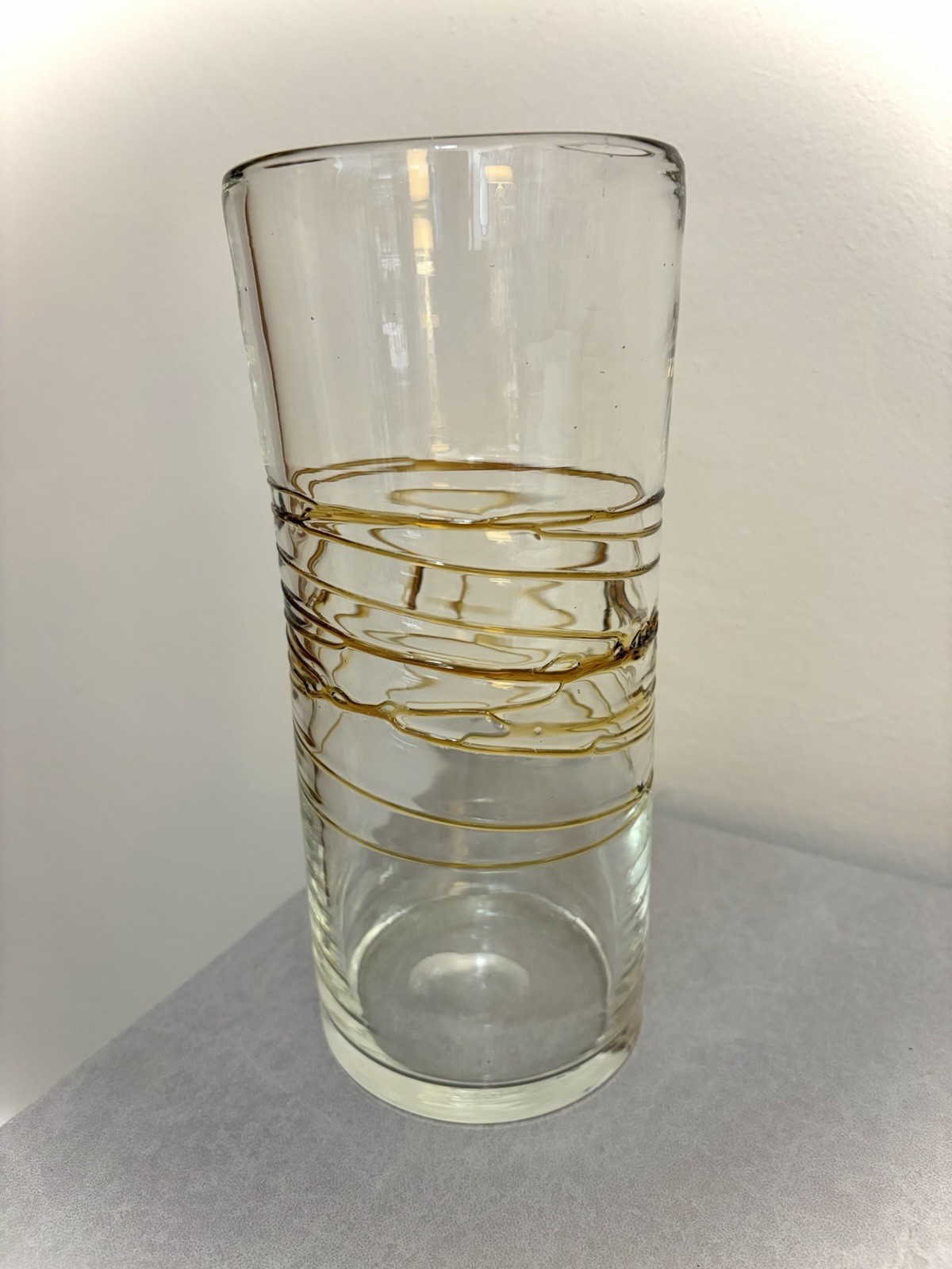 Art Glass Clear Vase With Golden Amber Threads Hand Blown 9.5 Inches Tall MCM