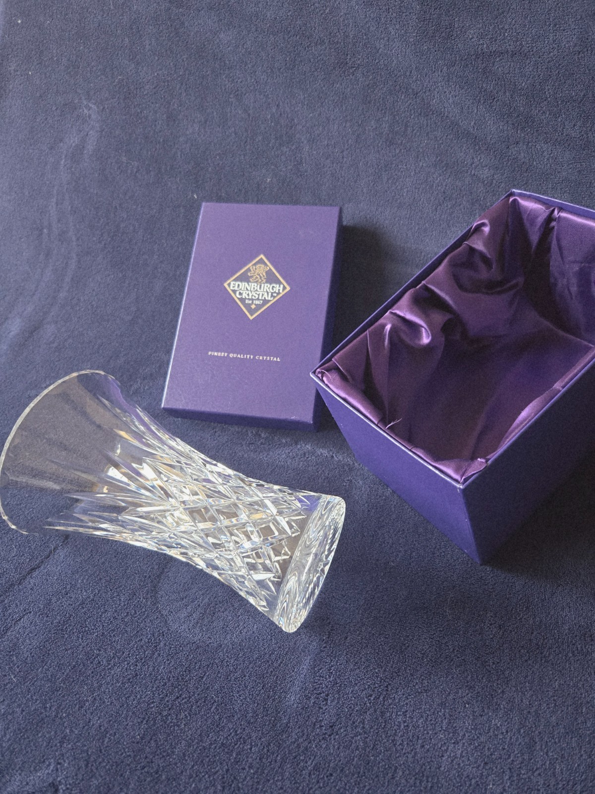 Edinburgh Crystal lead crystal vase 8″, top rim diam-5″, bottom diam-3″