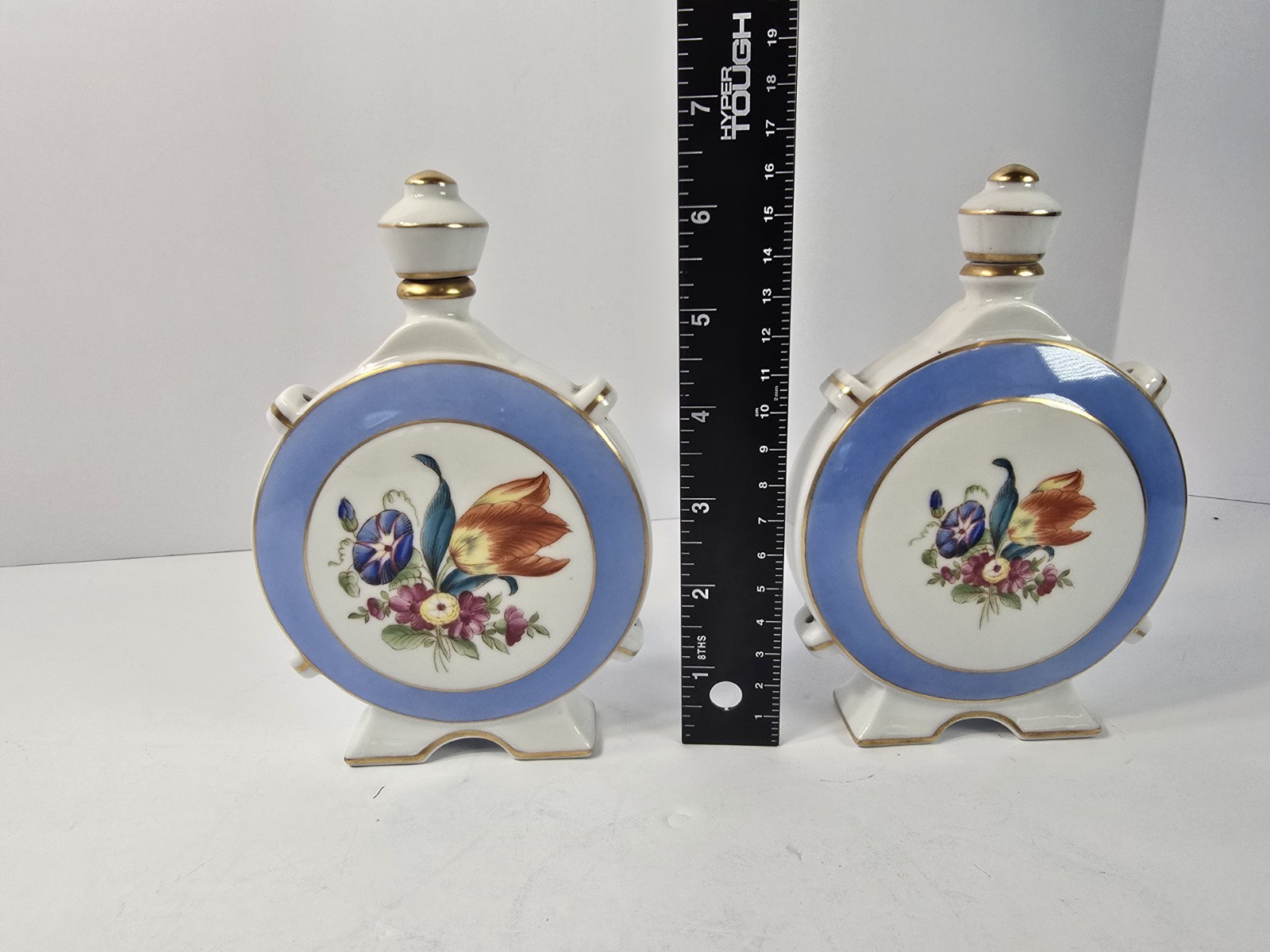 Herend Hungary 1839-1939 Moon Flask Vase Pair Blue Floral Gold Trim