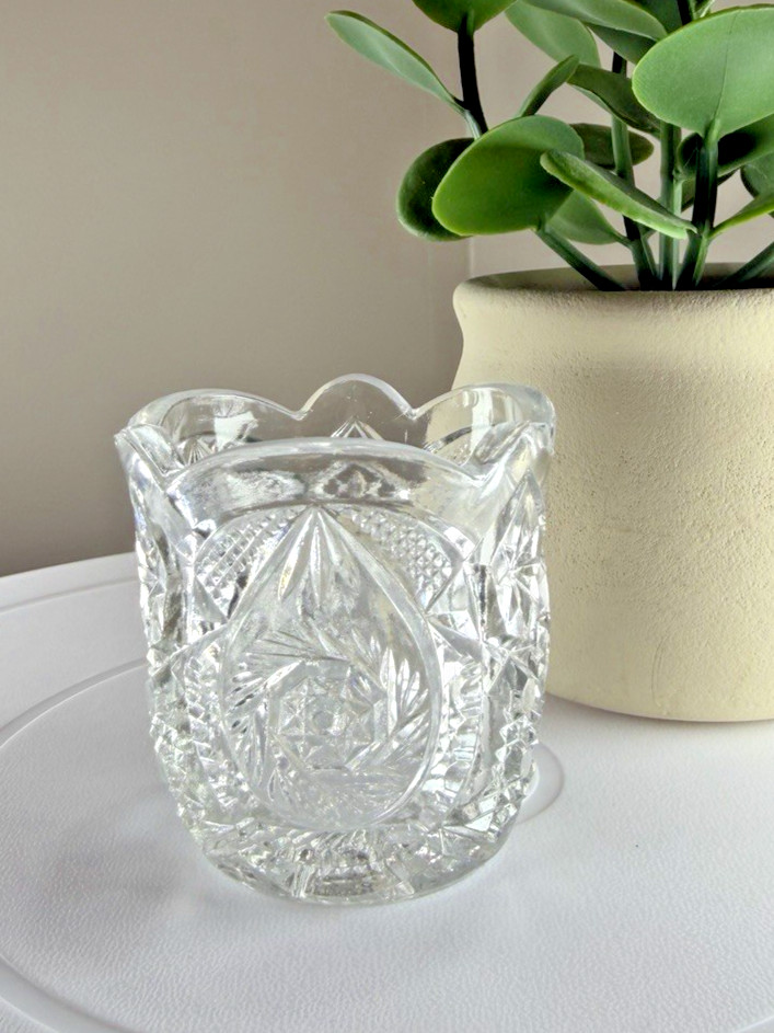 Toothpick Holder by EAPG Clear U.S. Glass Whirligig Buzz Saw Star Antique CHIP