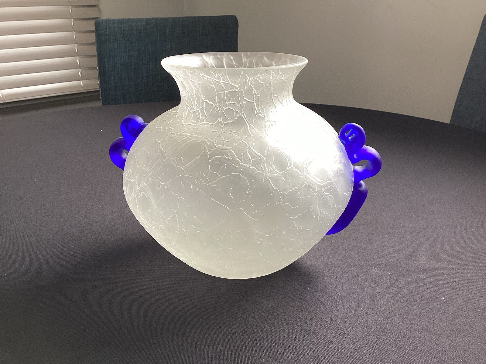 Studio Art Frosted White Crackle Vase With Cobalt Blue Handles