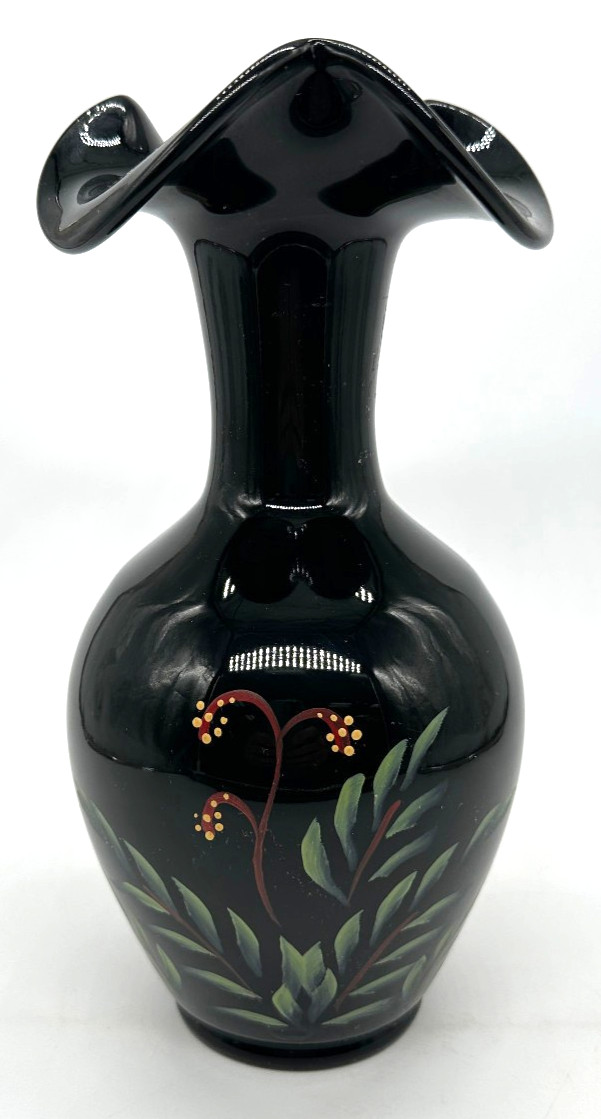 Fenton Safari Collection Vase Tropical Forest Black Glass Hand Painted 2001