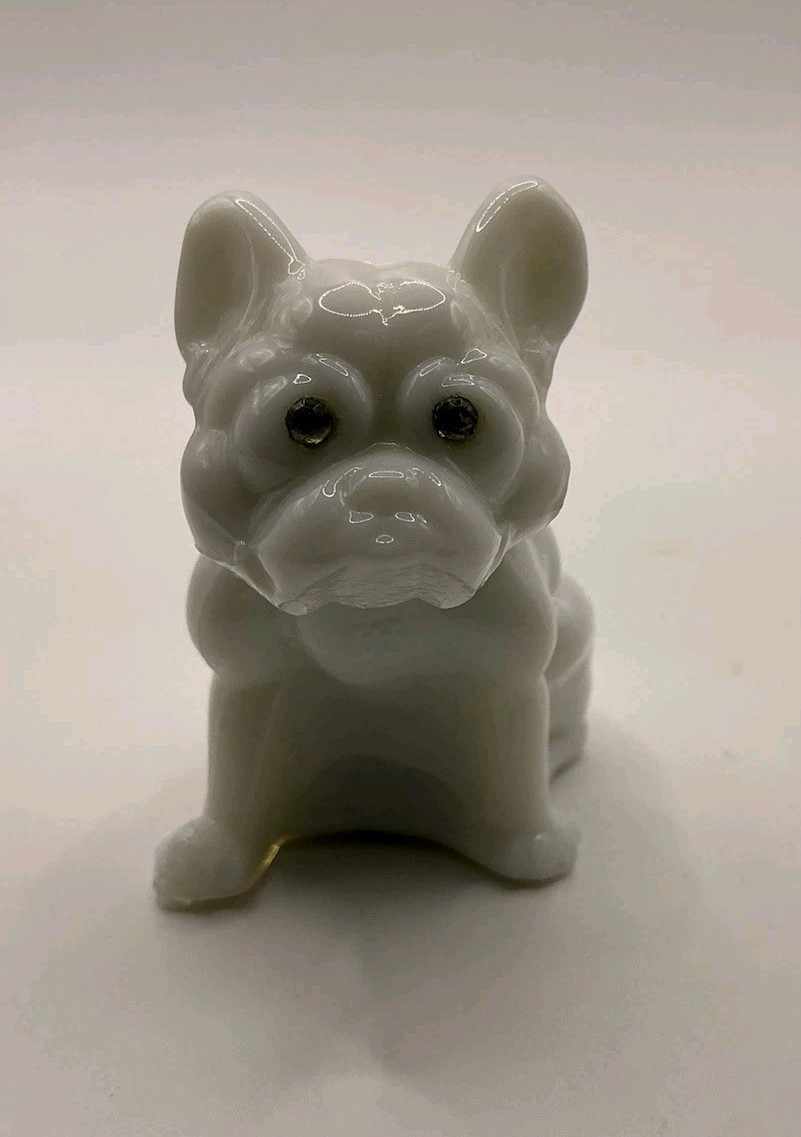 Vintage Westmoreland White Milk Glass French Bulldog Rhinestone Eyes