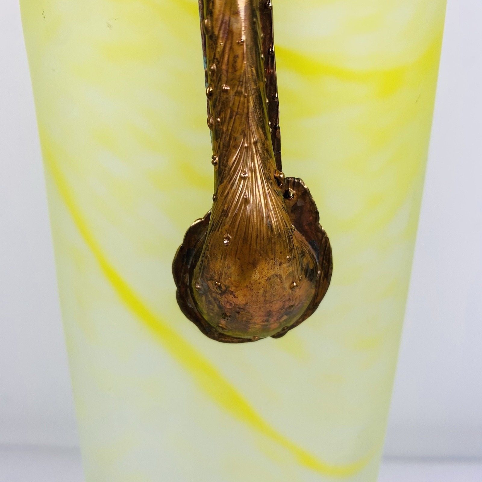 Filip Ravert Style Romblast Frosted Yellow Vase Applied Bronze Into Rim Romania