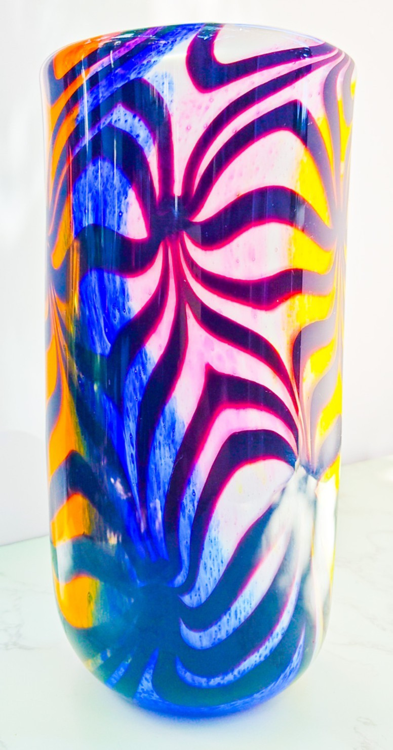 Murano Style Hand Blown Rainbow Art Glass Vase Swirled Ribbon Heavy 6 lb 10”