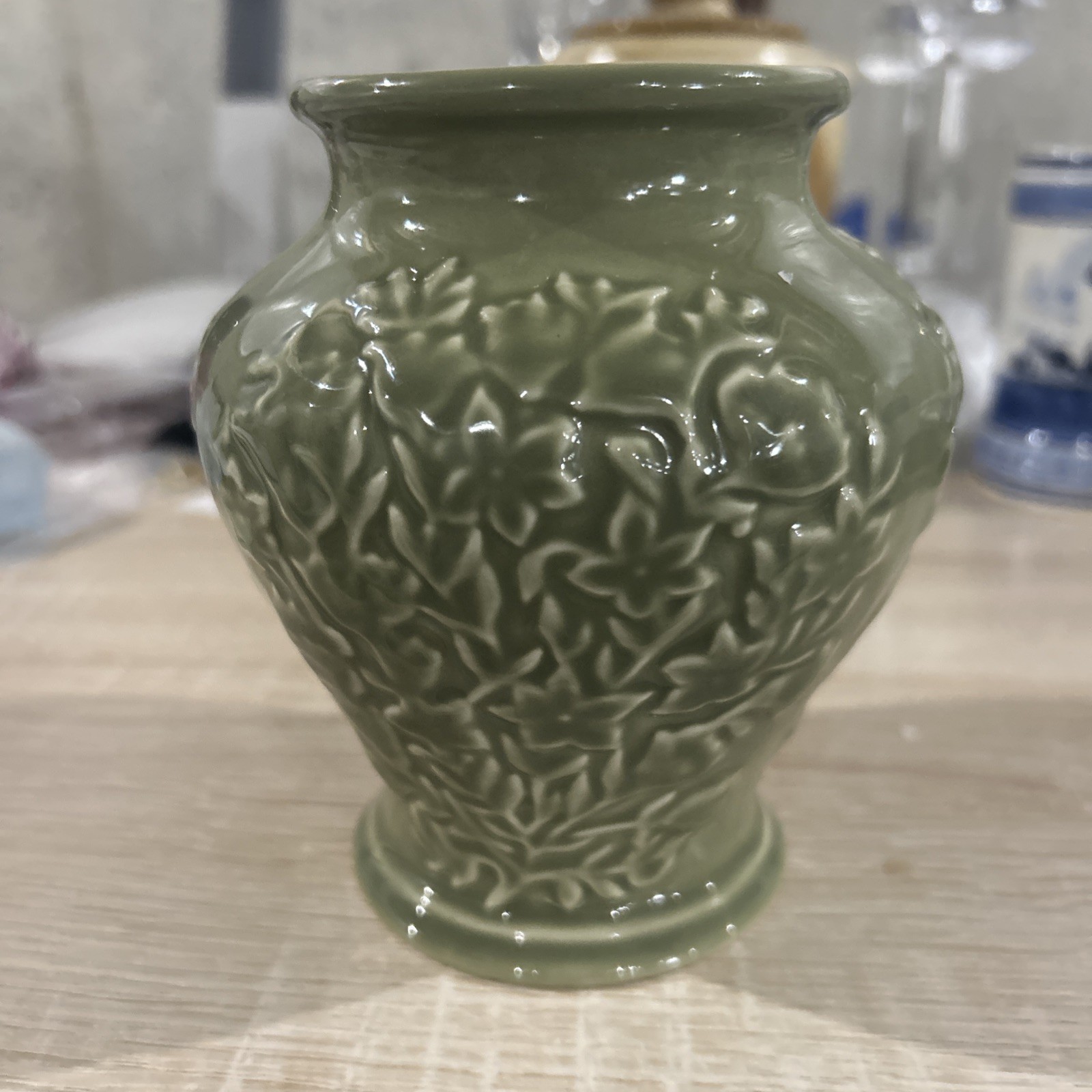 Longaberger Pottery Sage Green Floral Embossed Vase USA Made 5 3/8” Tall